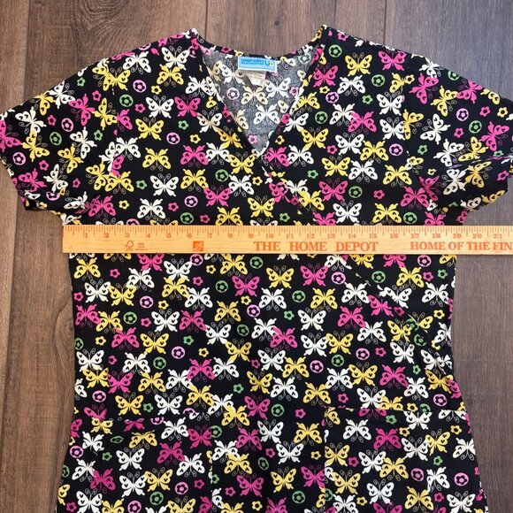 Butterfly Floral Scrub Top Small Uniform Destination Cotton  Multicolor Pockets - Picture 6 of 6